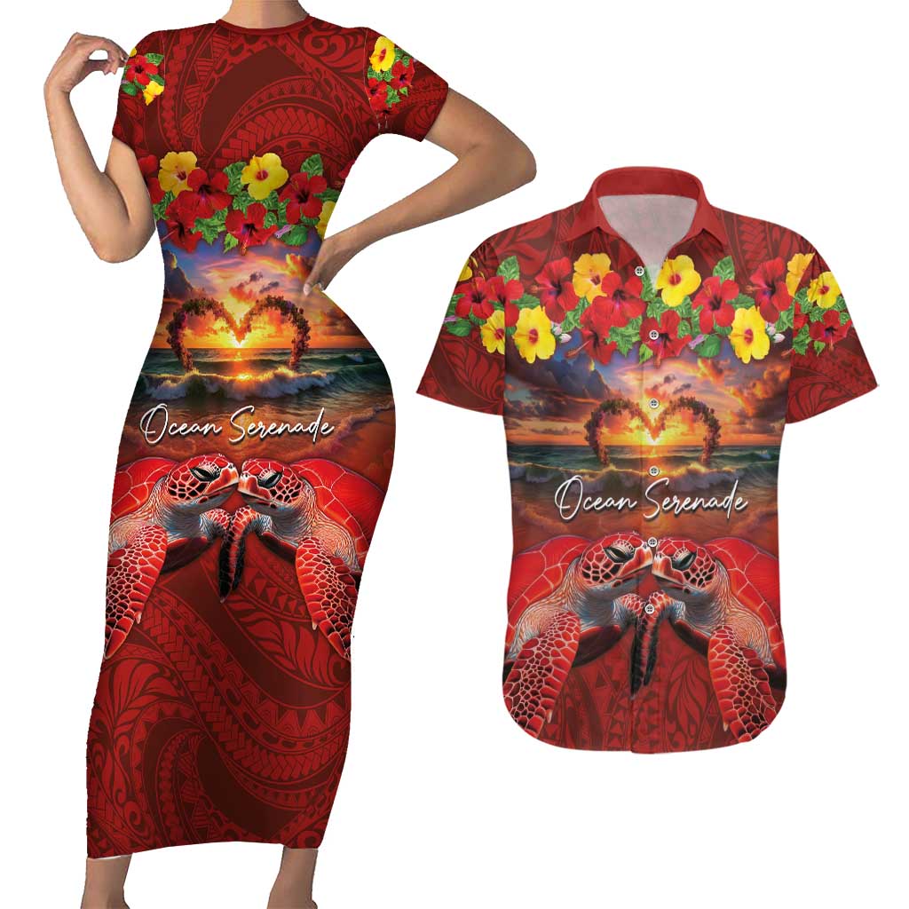 Hawaiian Turtle Love Couple Couples Matching Short Sleeve Bodycon Dress and Hawaiian Shirt Ocean Serenade - Honu Honi Ihu with Hibiscus and Romantic Sunset Red Color LT03 Red - Polynesian Pride