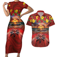 Hawaiian Turtle Love Couple Couples Matching Short Sleeve Bodycon Dress and Hawaiian Shirt Ocean Serenade - Honu Honi Ihu with Hibiscus and Romantic Sunset Red Color LT03 Red - Polynesian Pride