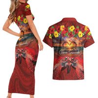 Hawaiian Turtle Love Couple Couples Matching Short Sleeve Bodycon Dress and Hawaiian Shirt Ocean Serenade - Honu Honi Ihu with Hibiscus and Romantic Sunset Red Color LT03 - Polynesian Pride