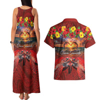Hawaiian Turtle Love Couple Couples Matching Tank Maxi Dress and Hawaiian Shirt Ocean Serenade - Honu Honi Ihu with Hibiscus and Romantic Sunset Red Color