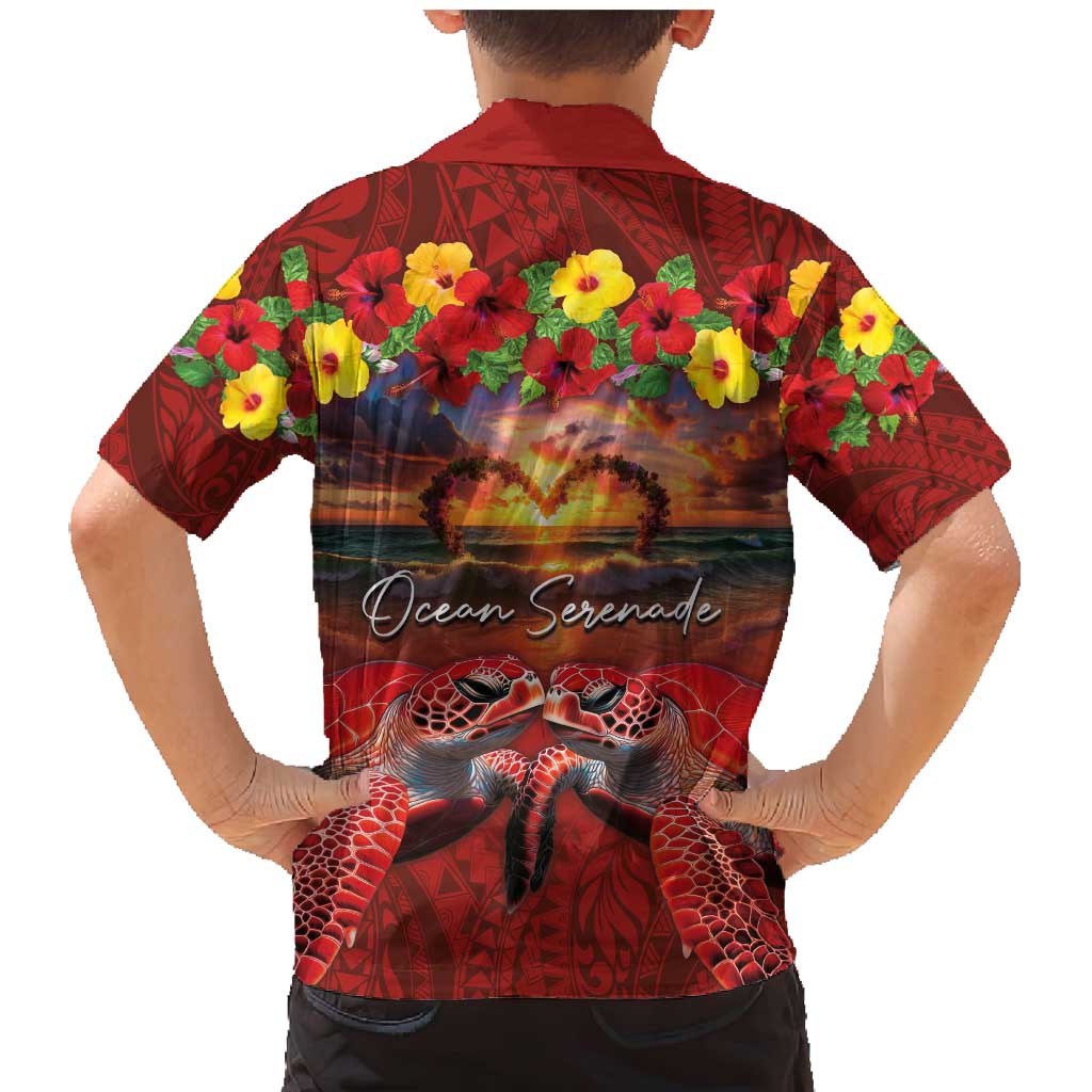 Hawaiian Turtle Love Couple Family Matching Mermaid Dress and Hawaiian Shirt Ocean Serenade - Honu Honi Ihu with Hibiscus and Romantic Sunset Red Color LT03 - Polynesian Pride