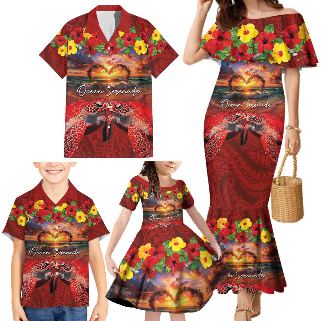 Hawaiian Turtle Love Couple Family Matching Mermaid Dress and Hawaiian Shirt Ocean Serenade - Honu Honi Ihu with Hibiscus and Romantic Sunset Red Color LT03 - Polynesian Pride