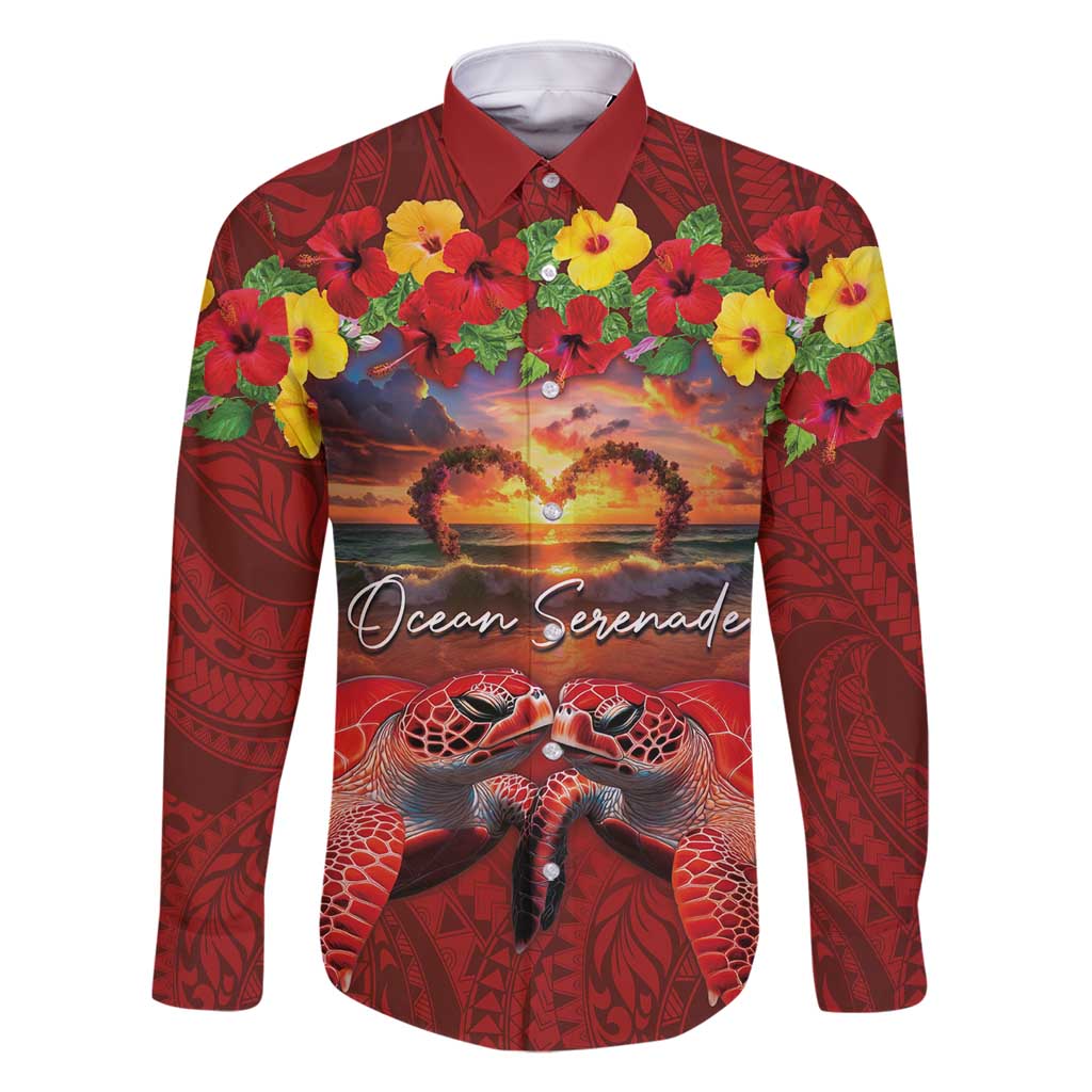 Hawaiian Turtle Love Couple Family Matching Mermaid Dress and Hawaiian Shirt Ocean Serenade - Honu Honi Ihu with Hibiscus and Romantic Sunset Red Color LT03 Dad's Shirt - Long Sleeve Red - Polynesian Pride