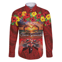 Hawaiian Turtle Love Couple Family Matching Mermaid Dress and Hawaiian Shirt Ocean Serenade - Honu Honi Ihu with Hibiscus and Romantic Sunset Red Color LT03 Dad's Shirt - Long Sleeve Red - Polynesian Pride