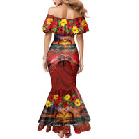 Hawaiian Turtle Love Couple Family Matching Mermaid Dress and Hawaiian Shirt Ocean Serenade - Honu Honi Ihu with Hibiscus and Romantic Sunset Red Color LT03 - Polynesian Pride