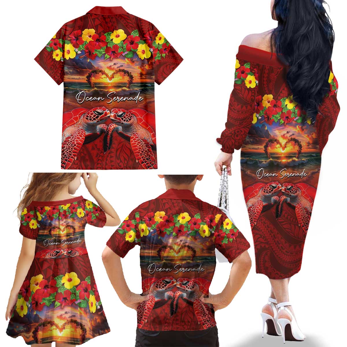 Hawaiian Turtle Love Couple Family Matching Off The Shoulder Long Sleeve Dress and Hawaiian Shirt Ocean Serenade - Honu Honi Ihu with Hibiscus and Romantic Sunset Red Color LT03 - Polynesian Pride
