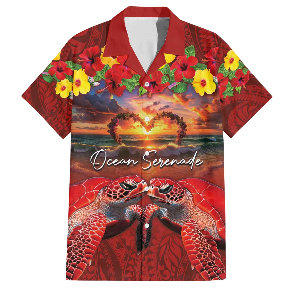 Hawaiian Turtle Love Couple Family Matching Off The Shoulder Long Sleeve Dress and Hawaiian Shirt Ocean Serenade - Honu Honi Ihu with Hibiscus and Romantic Sunset Red Color LT03 Dad's Shirt - Short Sleeve Red - Polynesian Pride