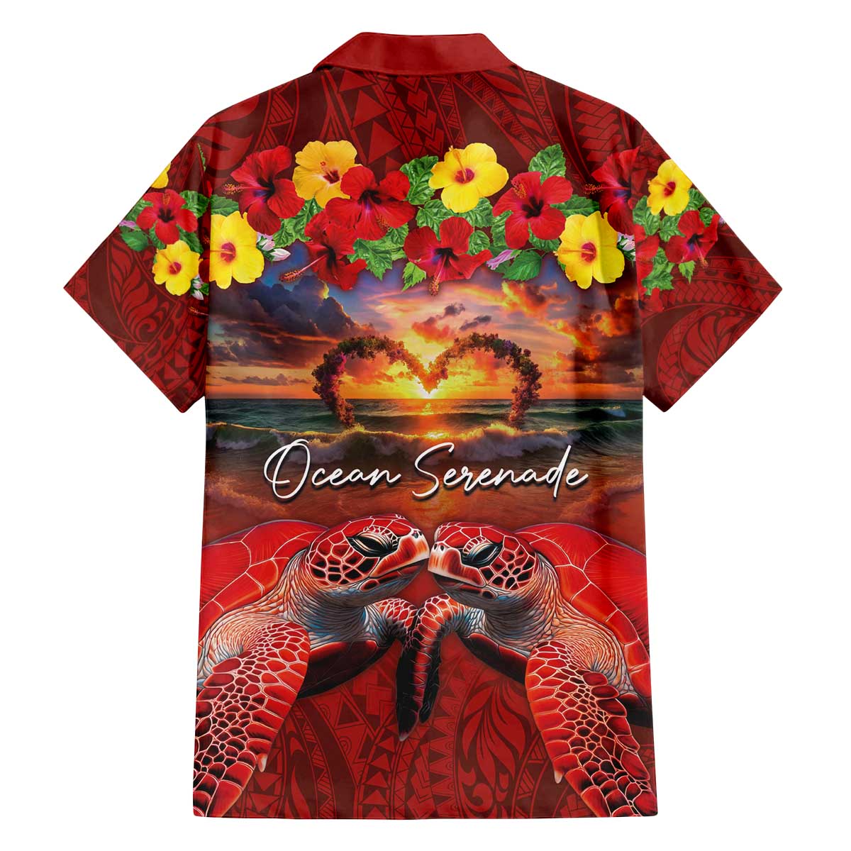 Hawaiian Turtle Love Couple Family Matching Off The Shoulder Long Sleeve Dress and Hawaiian Shirt Ocean Serenade - Honu Honi Ihu with Hibiscus and Romantic Sunset Red Color LT03 - Polynesian Pride