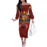 Hawaiian Turtle Love Couple Family Matching Off The Shoulder Long Sleeve Dress and Hawaiian Shirt Ocean Serenade - Honu Honi Ihu with Hibiscus and Romantic Sunset Red Color LT03 Mom's Dress Red - Polynesian Pride