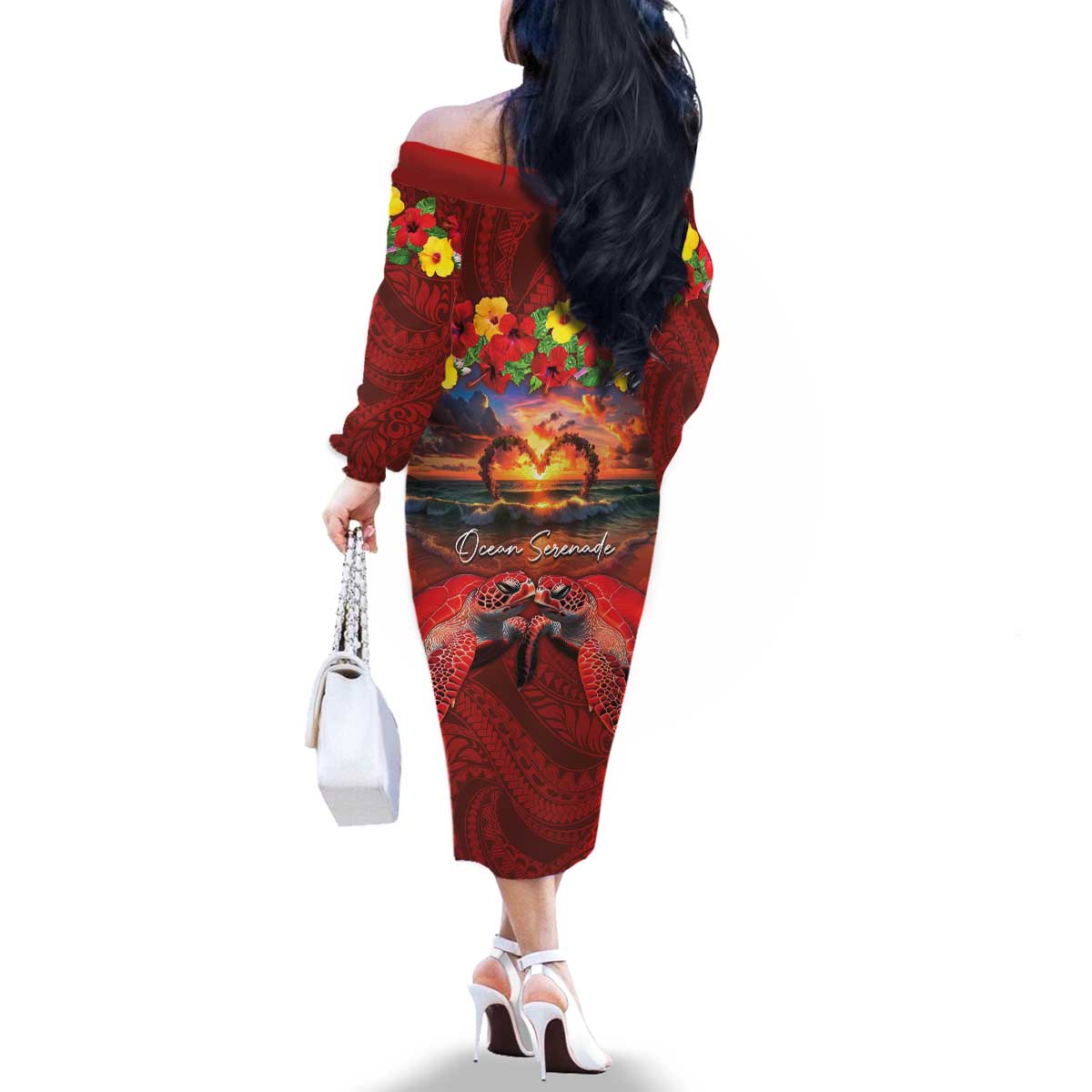 Hawaiian Turtle Love Couple Family Matching Off The Shoulder Long Sleeve Dress and Hawaiian Shirt Ocean Serenade - Honu Honi Ihu with Hibiscus and Romantic Sunset Red Color LT03 - Polynesian Pride