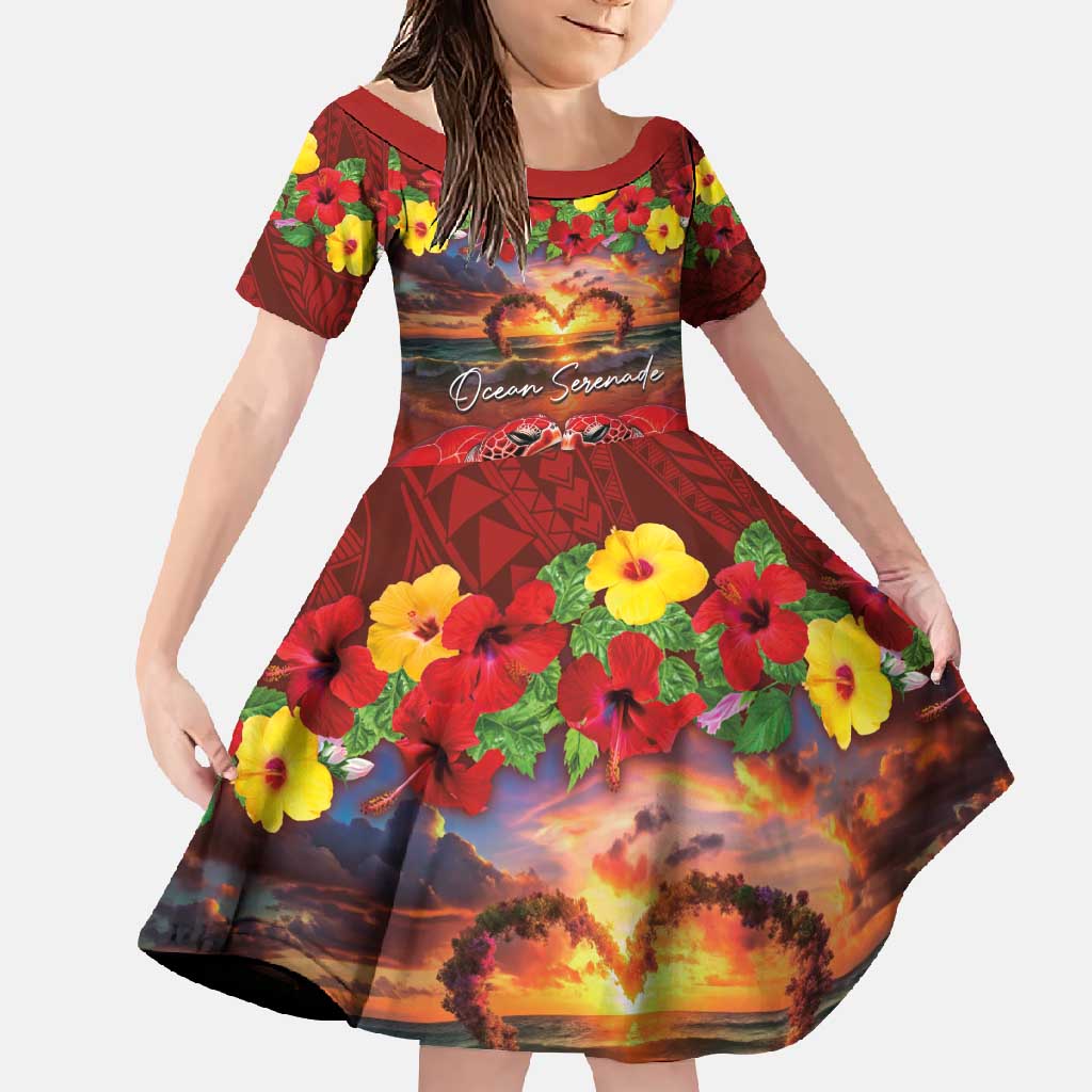 Hawaiian Turtle Love Couple Family Matching Off Shoulder Maxi Dress and Hawaiian Shirt Ocean Serenade - Honu Honi Ihu with Hibiscus and Romantic Sunset Red Color LT03 Daughter's Dress Red - Polynesian Pride