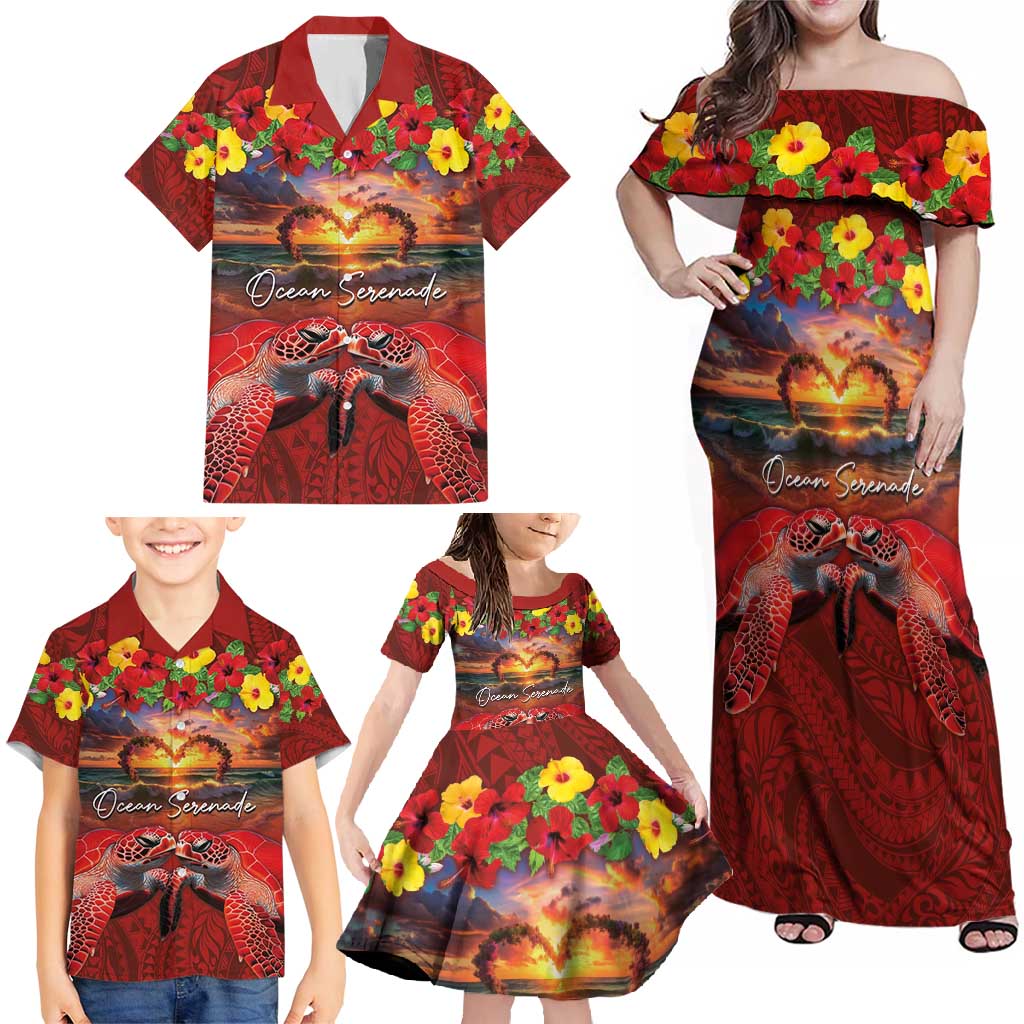 Hawaiian Turtle Love Couple Family Matching Off Shoulder Maxi Dress and Hawaiian Shirt Ocean Serenade - Honu Honi Ihu with Hibiscus and Romantic Sunset Red Color LT03 - Polynesian Pride