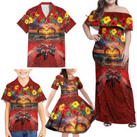 Hawaiian Turtle Love Couple Family Matching Off Shoulder Maxi Dress and Hawaiian Shirt Ocean Serenade - Honu Honi Ihu with Hibiscus and Romantic Sunset Red Color LT03 - Polynesian Pride
