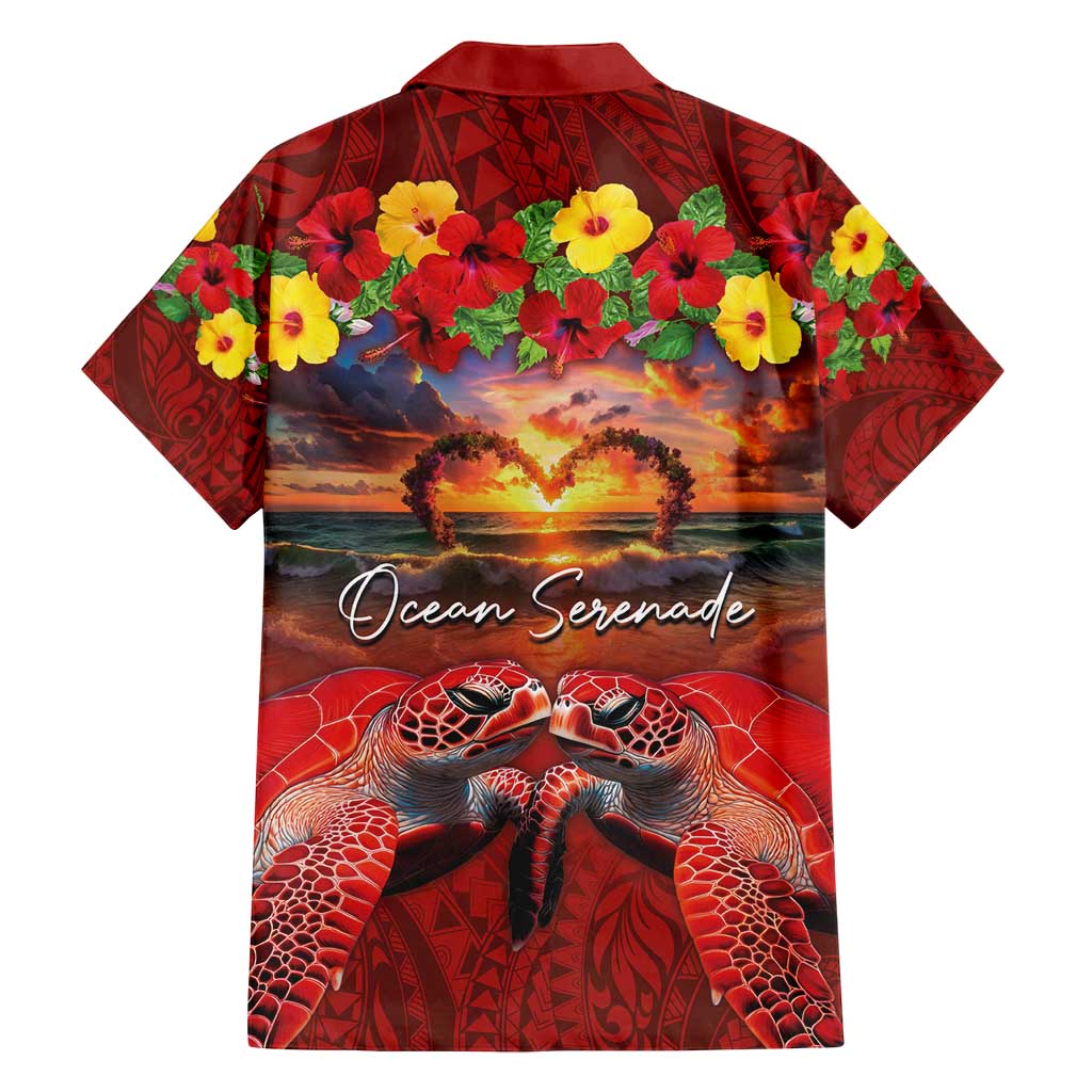 Hawaiian Turtle Love Couple Family Matching Off Shoulder Maxi Dress and Hawaiian Shirt Ocean Serenade - Honu Honi Ihu with Hibiscus and Romantic Sunset Red Color LT03 - Polynesian Pride