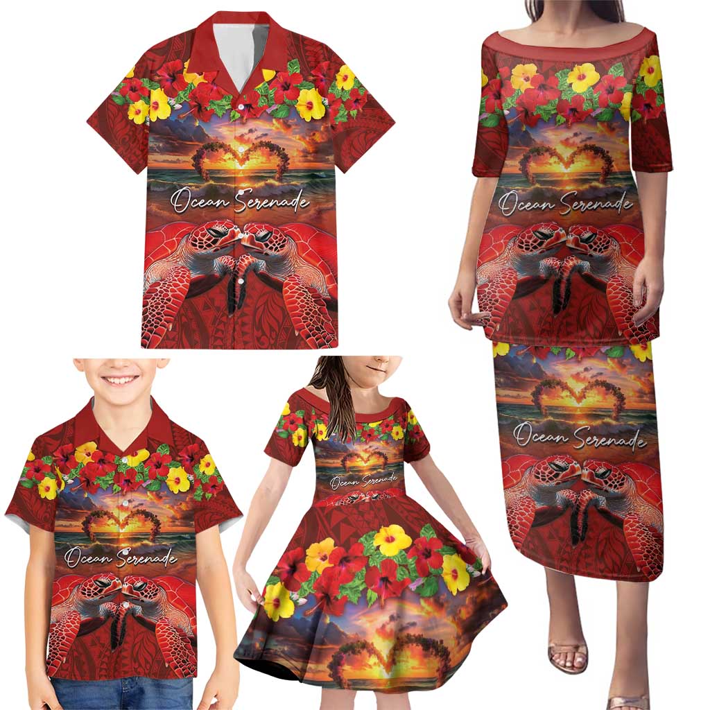 Hawaiian Turtle Love Couple Family Matching Puletasi and Hawaiian Shirt Ocean Serenade - Honu Honi Ihu with Hibiscus and Romantic Sunset Red Color LT03 - Polynesian Pride