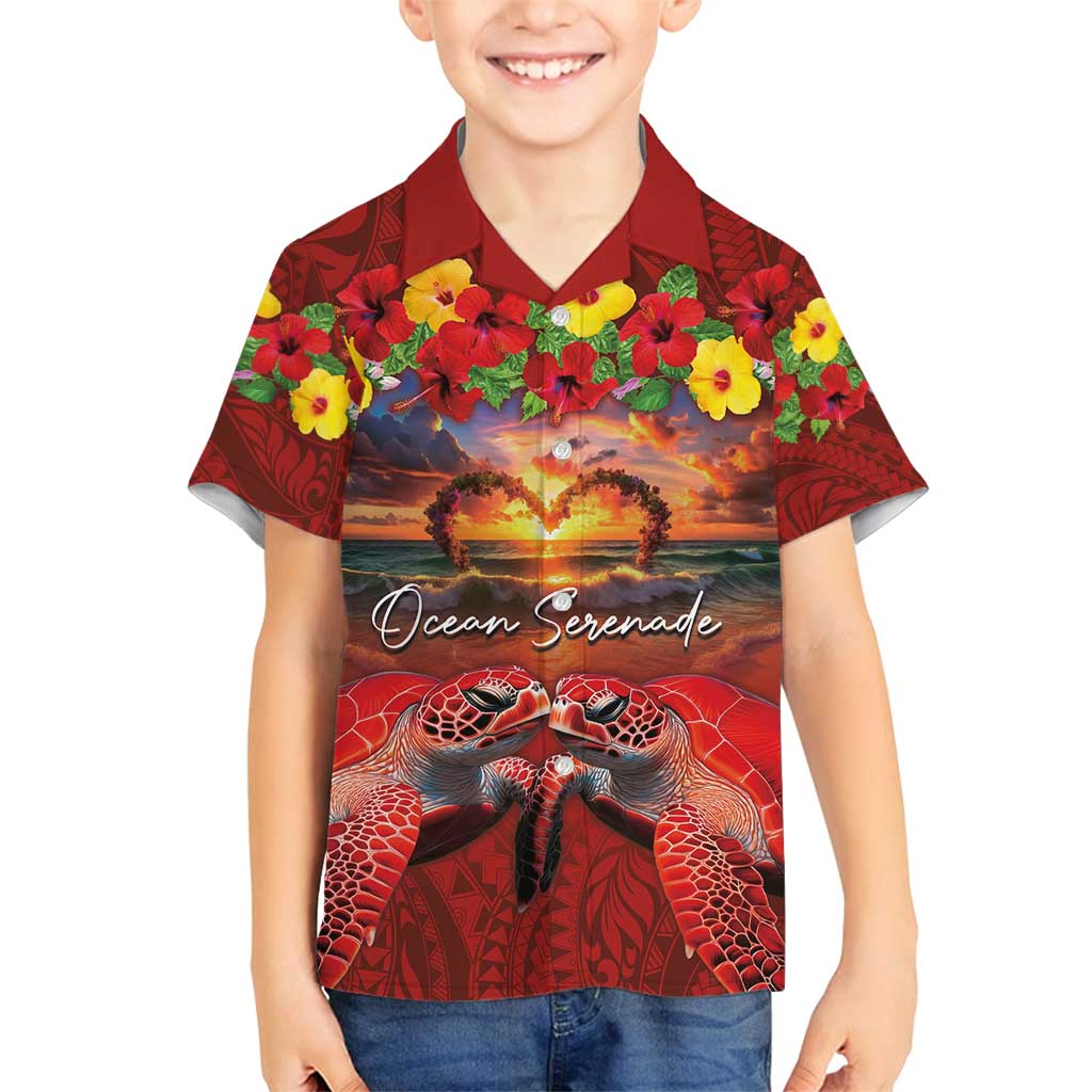 Hawaiian Turtle Love Couple Family Matching Puletasi and Hawaiian Shirt Ocean Serenade - Honu Honi Ihu with Hibiscus and Romantic Sunset Red Color LT03 Son's Shirt Red - Polynesian Pride