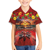 Hawaiian Turtle Love Couple Family Matching Puletasi and Hawaiian Shirt Ocean Serenade - Honu Honi Ihu with Hibiscus and Romantic Sunset Red Color LT03 Son's Shirt Red - Polynesian Pride