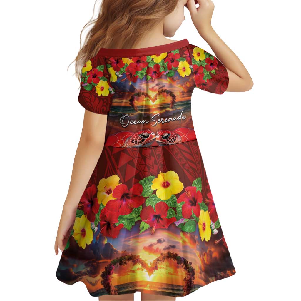 Hawaiian Turtle Love Couple Family Matching Short Sleeve Bodycon Dress and Hawaiian Shirt Ocean Serenade - Honu Honi Ihu with Hibiscus and Romantic Sunset Red Color