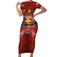 Hawaiian Turtle Love Couple Family Matching Short Sleeve Bodycon Dress and Hawaiian Shirt Ocean Serenade - Honu Honi Ihu with Hibiscus and Romantic Sunset Red Color