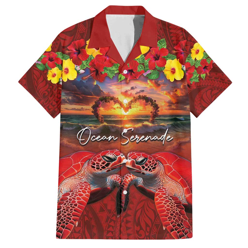 Hawaiian Turtle Love Couple Family Matching Tank Maxi Dress and Hawaiian Shirt Ocean Serenade - Honu Honi Ihu with Hibiscus and Romantic Sunset Red Color