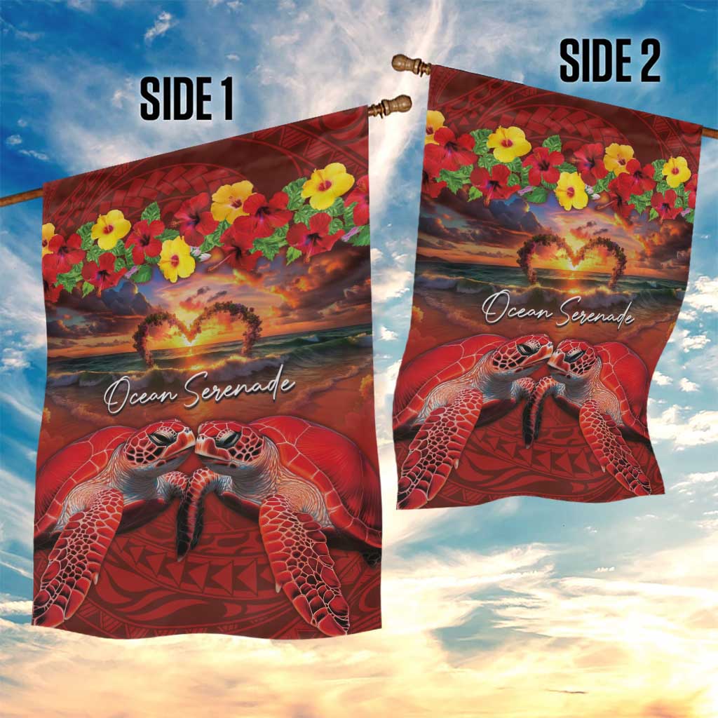 Hawaiian Turtle Love Couple Garden Flag Ocean Serenade - Honu Honi Ihu with Hibiscus and Romantic Sunset Red Color LT03 - Polynesian Pride