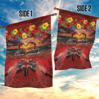 Hawaiian Turtle Love Couple Garden Flag Ocean Serenade - Honu Honi Ihu with Hibiscus and Romantic Sunset Red Color LT03 - Polynesian Pride