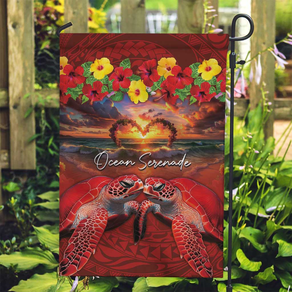 Hawaiian Turtle Love Couple Garden Flag Ocean Serenade - Honu Honi Ihu with Hibiscus and Romantic Sunset Red Color LT03 Garden Flag Red - Polynesian Pride