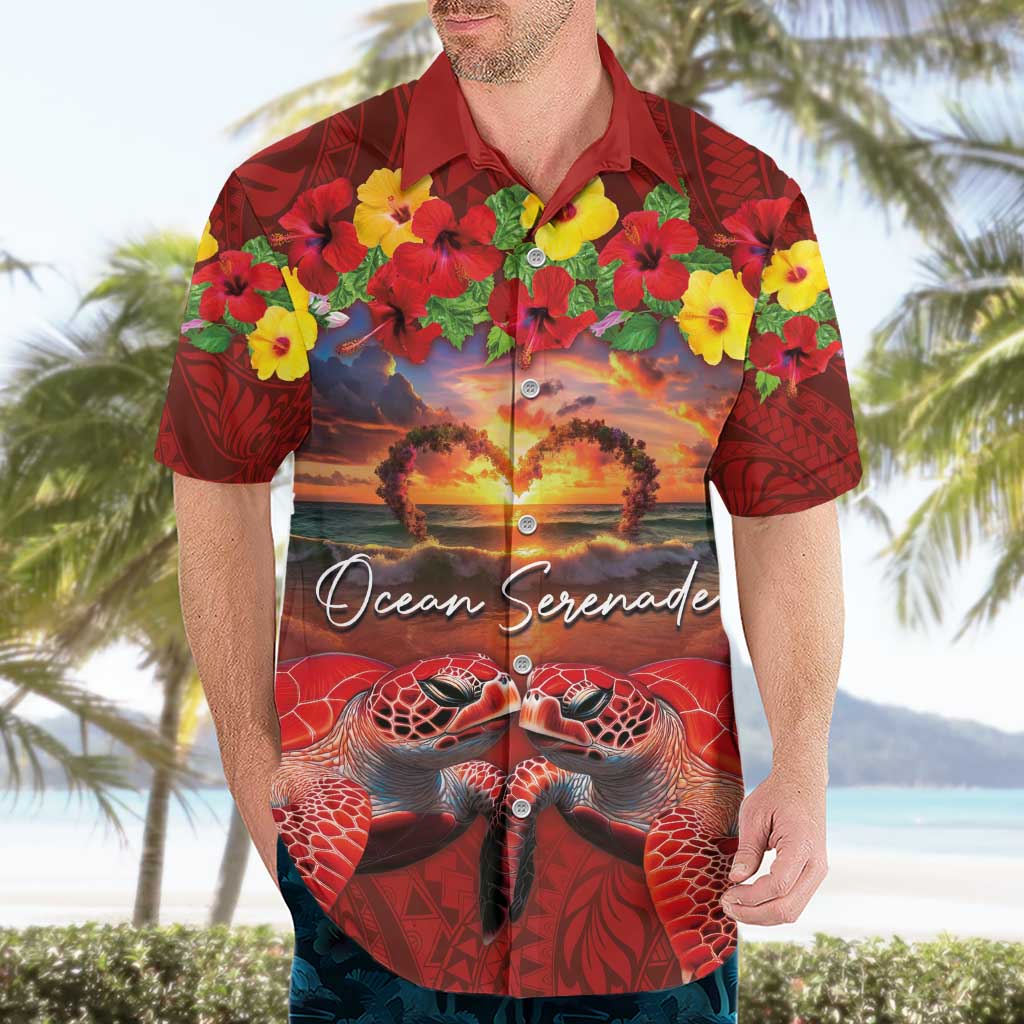 Hawaiian Turtle Love Couple Hawaiian Shirt Ocean Serenade - Honu Honi Ihu with Hibiscus and Romantic Sunset Red Color LT03 - Polynesian Pride