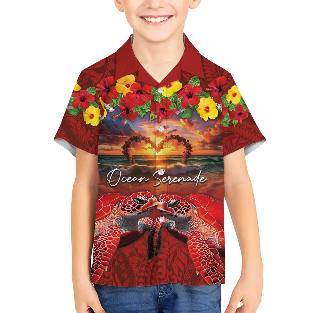 Hawaiian Turtle Love Couple Hawaiian Shirt Ocean Serenade - Honu Honi Ihu with Hibiscus and Romantic Sunset Red Color LT03 - Polynesian Pride