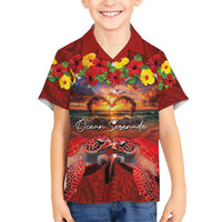 Hawaiian Turtle Love Couple Hawaiian Shirt Ocean Serenade - Honu Honi Ihu with Hibiscus and Romantic Sunset Red Color LT03 - Polynesian Pride
