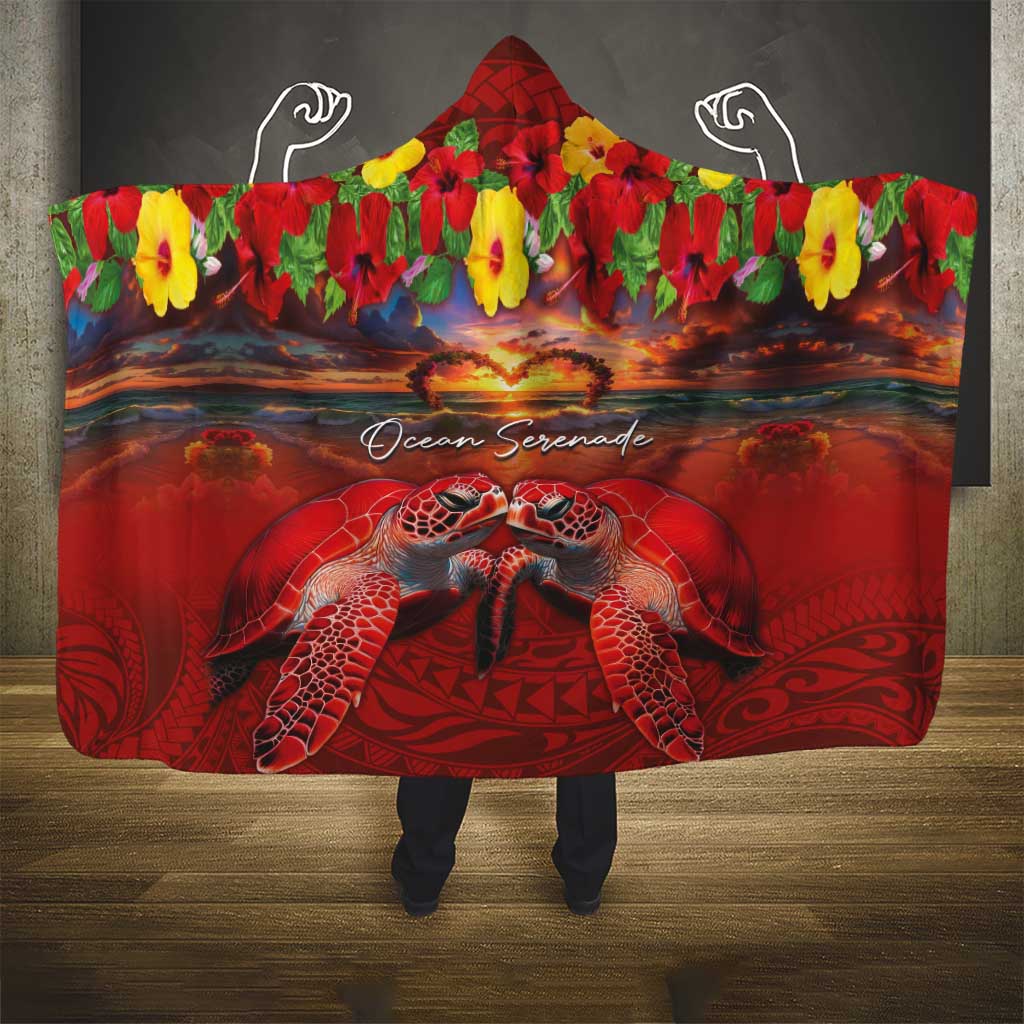 Hawaiian Turtle Love Couple Hooded Blanket Ocean Serenade - Honu Honi Ihu with Hibiscus and Romantic Sunset Red Color LT03 - Polynesian Pride