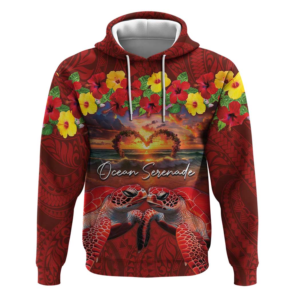 Hawaiian Turtle Love Couple Hoodie Ocean Serenade - Honu Honi Ihu with Hibiscus and Romantic Sunset Red Color LT03 Pullover Hoodie Red - Polynesian Pride