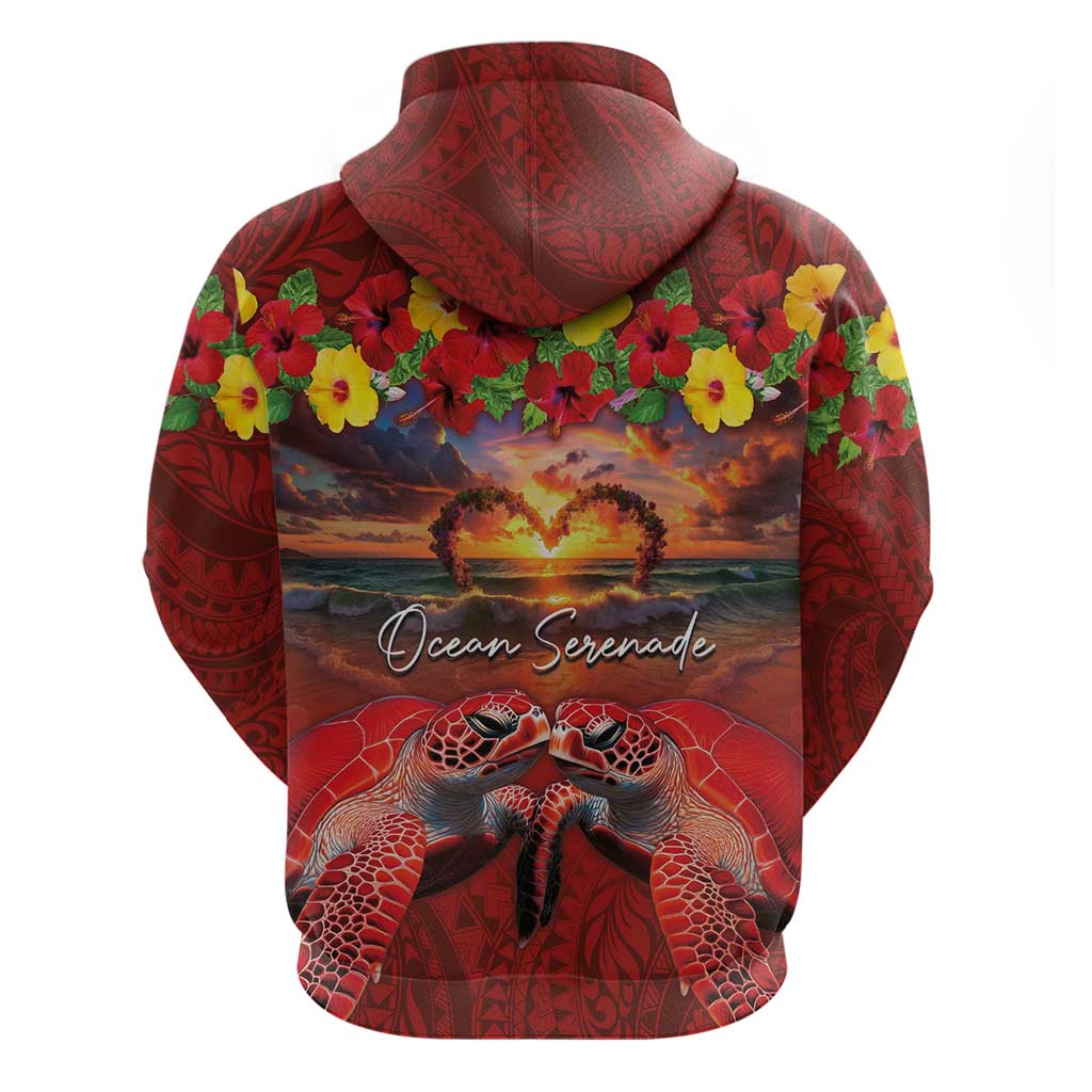 Hawaiian Turtle Love Couple Hoodie Ocean Serenade - Honu Honi Ihu with Hibiscus and Romantic Sunset Red Color LT03 - Polynesian Pride