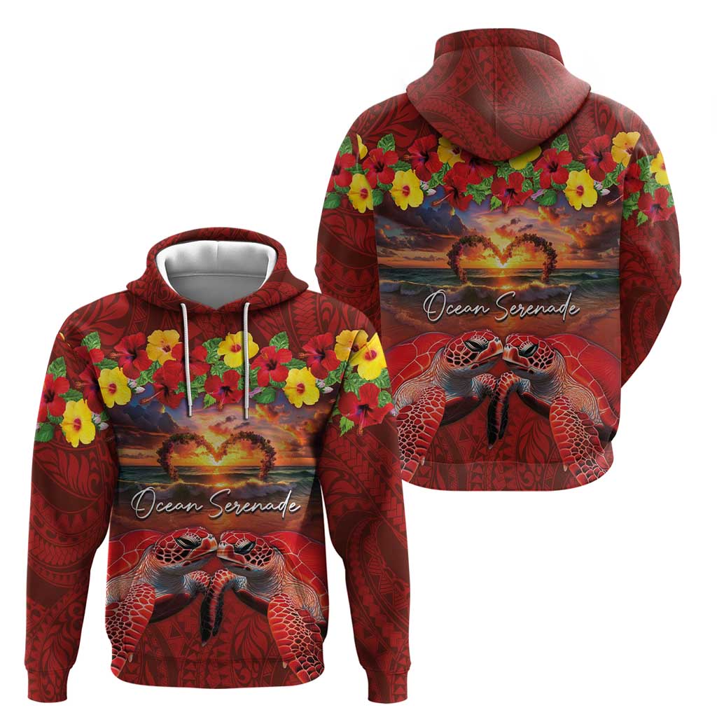 Hawaiian Turtle Love Couple Hoodie Ocean Serenade - Honu Honi Ihu with Hibiscus and Romantic Sunset Red Color LT03 - Polynesian Pride