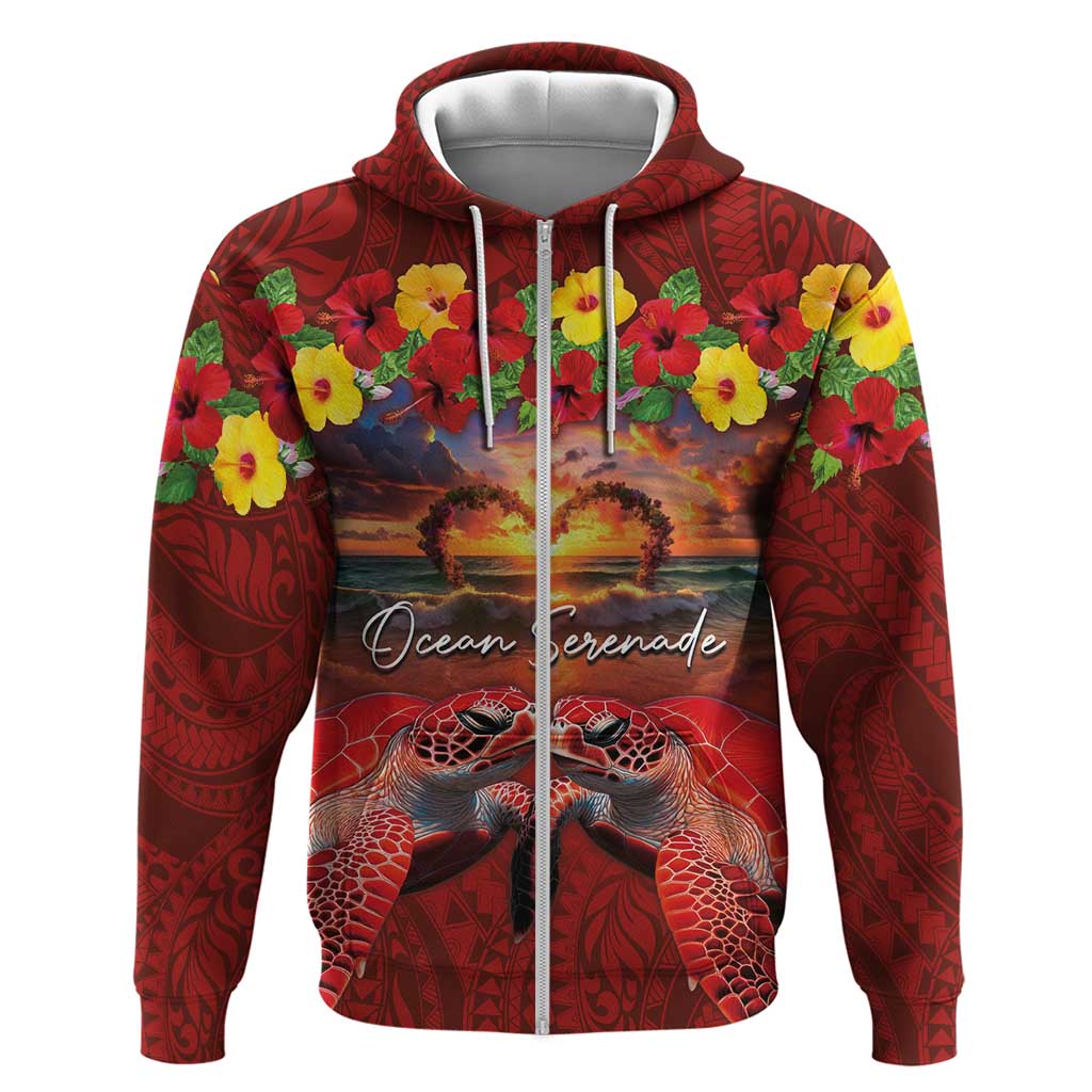 Hawaiian Turtle Love Couple Hoodie Ocean Serenade - Honu Honi Ihu with Hibiscus and Romantic Sunset Red Color LT03 Zip Hoodie Red - Polynesian Pride