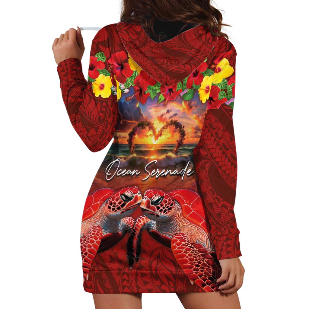 Hawaiian Turtle Love Couple Hoodie Dress Ocean Serenade - Honu Honi Ihu with Hibiscus and Romantic Sunset Red Color LT03 - Polynesian Pride