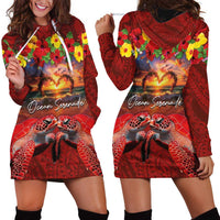 Hawaiian Turtle Love Couple Hoodie Dress Ocean Serenade - Honu Honi Ihu with Hibiscus and Romantic Sunset Red Color LT03 - Polynesian Pride