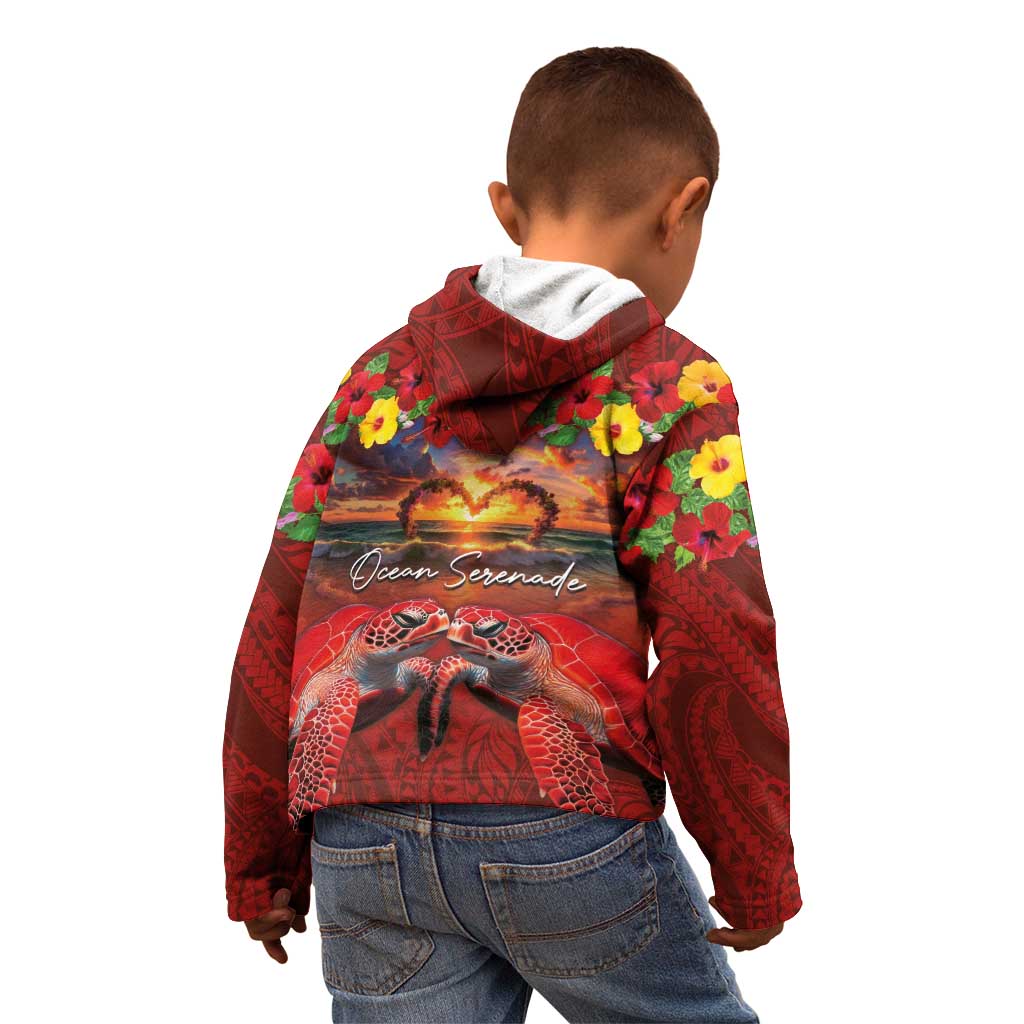 Hawaiian Turtle Love Couple Kid Hoodie Ocean Serenade - Honu Honi Ihu with Hibiscus and Romantic Sunset Red Color LT03 - Polynesian Pride