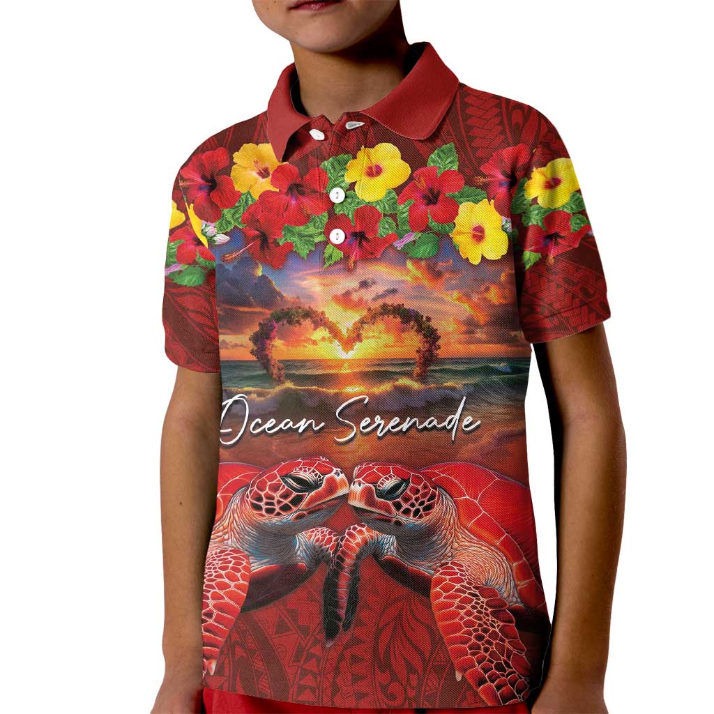 Hawaiian Turtle Love Couple Kid Polo Shirt Ocean Serenade - Honu Honi Ihu with Hibiscus and Romantic Sunset Red Color LT03 Kid Red - Polynesian Pride