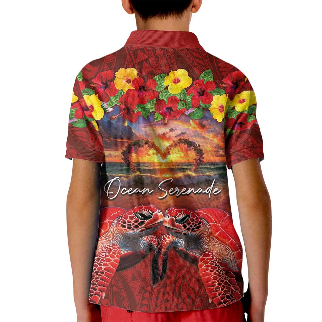 Hawaiian Turtle Love Couple Kid Polo Shirt Ocean Serenade - Honu Honi Ihu with Hibiscus and Romantic Sunset Red Color LT03 - Polynesian Pride