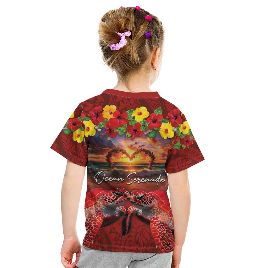 Hawaiian Turtle Love Couple Kid T Shirt Ocean Serenade - Honu Honi Ihu with Hibiscus and Romantic Sunset Red Color LT03 - Polynesian Pride