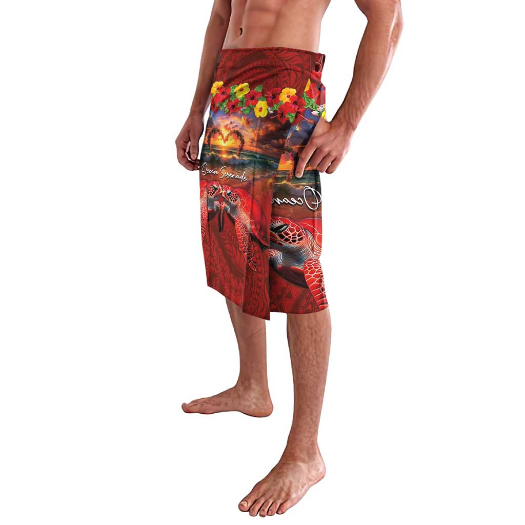 Hawaiian Turtle Love Couple Lavalava Ocean Serenade - Honu Honi Ihu with Hibiscus and Romantic Sunset Red Color LT03 - Polynesian Pride