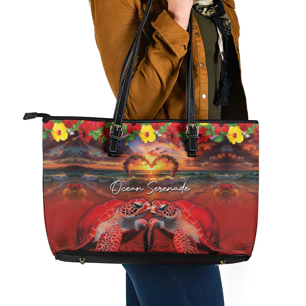 Hawaiian Turtle Love Couple Leather Tote Bag Ocean Serenade - Honu Honi Ihu with Hibiscus and Romantic Sunset Red Color LT03 - Polynesian Pride