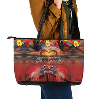 Hawaiian Turtle Love Couple Leather Tote Bag Ocean Serenade - Honu Honi Ihu with Hibiscus and Romantic Sunset Red Color LT03 - Polynesian Pride