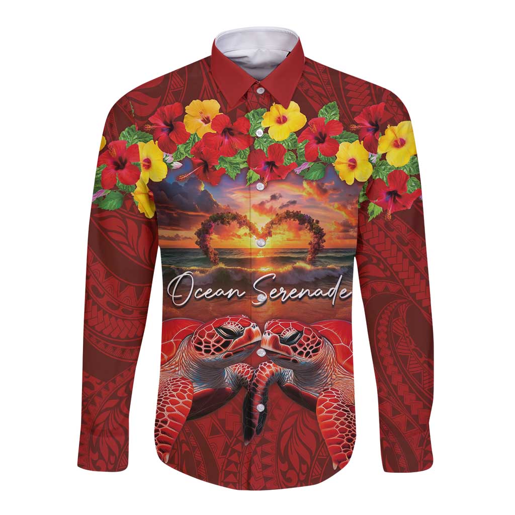 Hawaiian Turtle Love Couple Long Sleeve Button Shirt Ocean Serenade - Honu Honi Ihu with Hibiscus and Romantic Sunset Red Color LT03 Unisex Red - Polynesian Pride