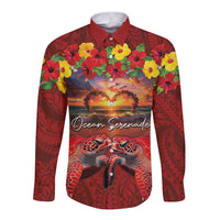 Hawaiian Turtle Love Couple Long Sleeve Button Shirt Ocean Serenade - Honu Honi Ihu with Hibiscus and Romantic Sunset Red Color LT03 Unisex Red - Polynesian Pride