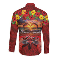 Hawaiian Turtle Love Couple Long Sleeve Button Shirt Ocean Serenade - Honu Honi Ihu with Hibiscus and Romantic Sunset Red Color LT03 - Polynesian Pride