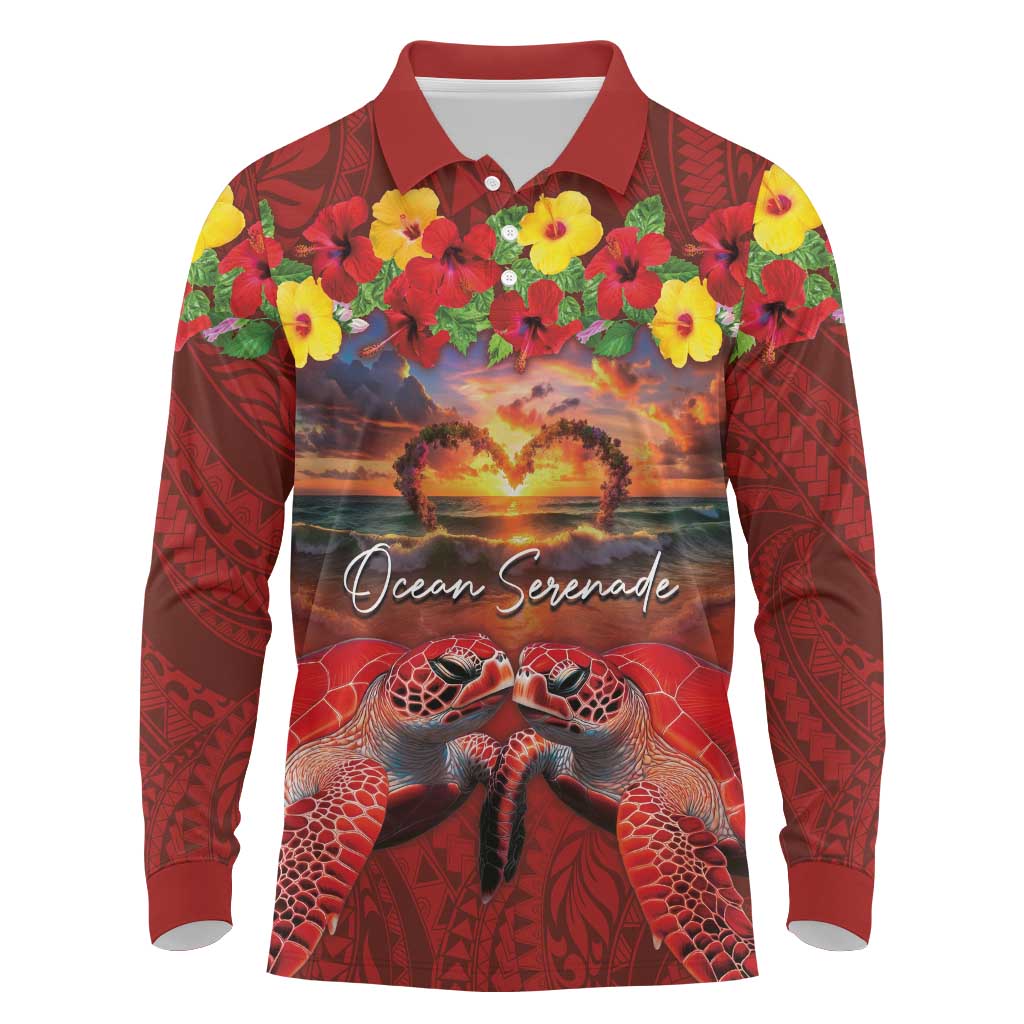 Hawaiian Turtle Love Couple Long Sleeve Polo Shirt Ocean Serenade - Honu Honi Ihu with Hibiscus and Romantic Sunset Red Color LT03 Red - Polynesian Pride