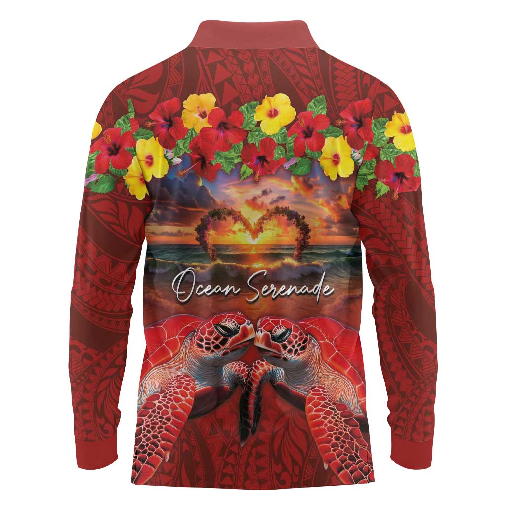 Hawaiian Turtle Love Couple Long Sleeve Polo Shirt Ocean Serenade - Honu Honi Ihu with Hibiscus and Romantic Sunset Red Color LT03 - Polynesian Pride
