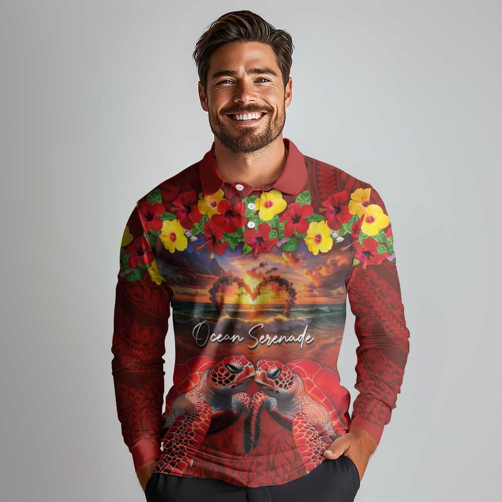 Hawaiian Turtle Love Couple Long Sleeve Polo Shirt Ocean Serenade - Honu Honi Ihu with Hibiscus and Romantic Sunset Red Color LT03 - Polynesian Pride